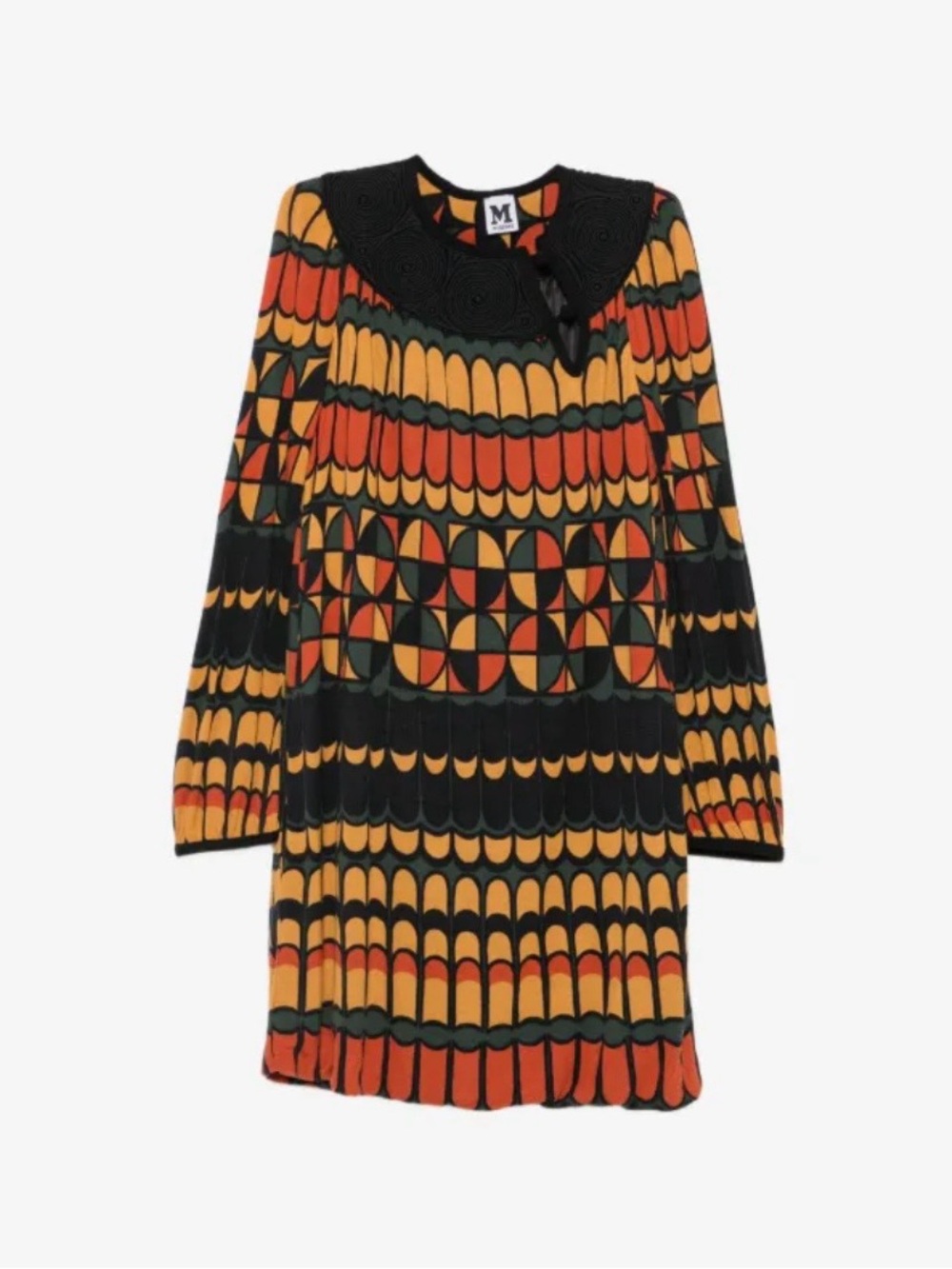M by Missoni Retro Geometric Long-Sleeve Knit Dress in Black, Orange & Mustard